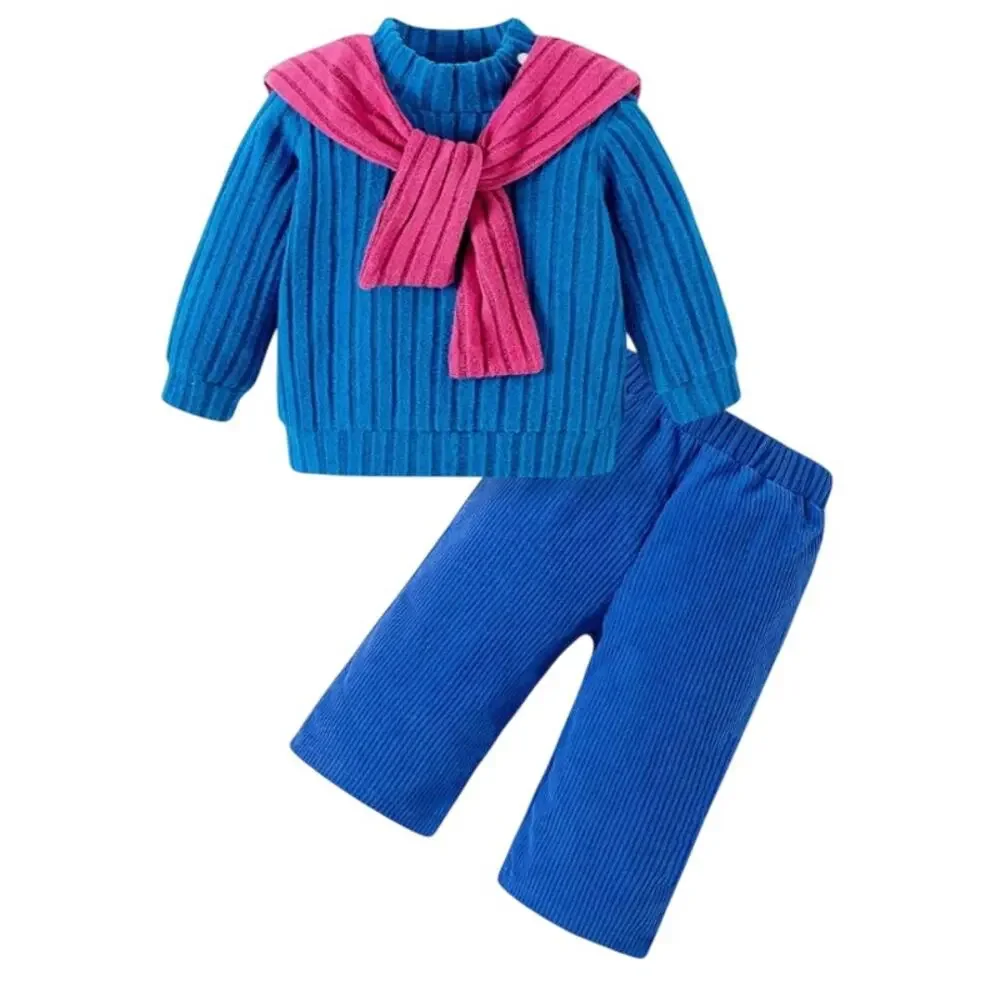 Girls Ribbed Casual Sweatshirt, Pants and Scarf Set in Blue, Size 2-3Y
